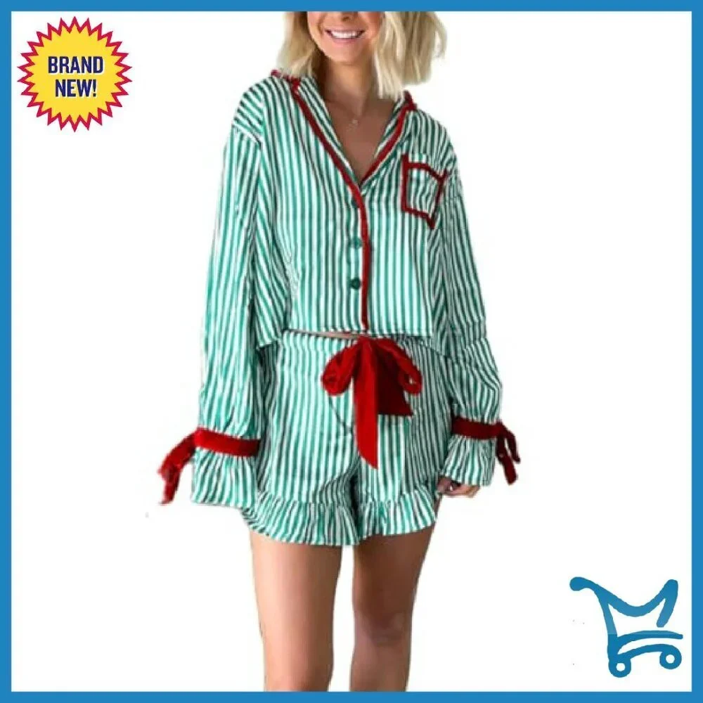 Silk Satin Pajama Set Long Sleeve Bow Tie Shirt Shorts Sleepwear